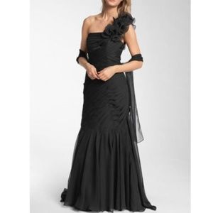 Pleated One Shoulder Ruffle Gown